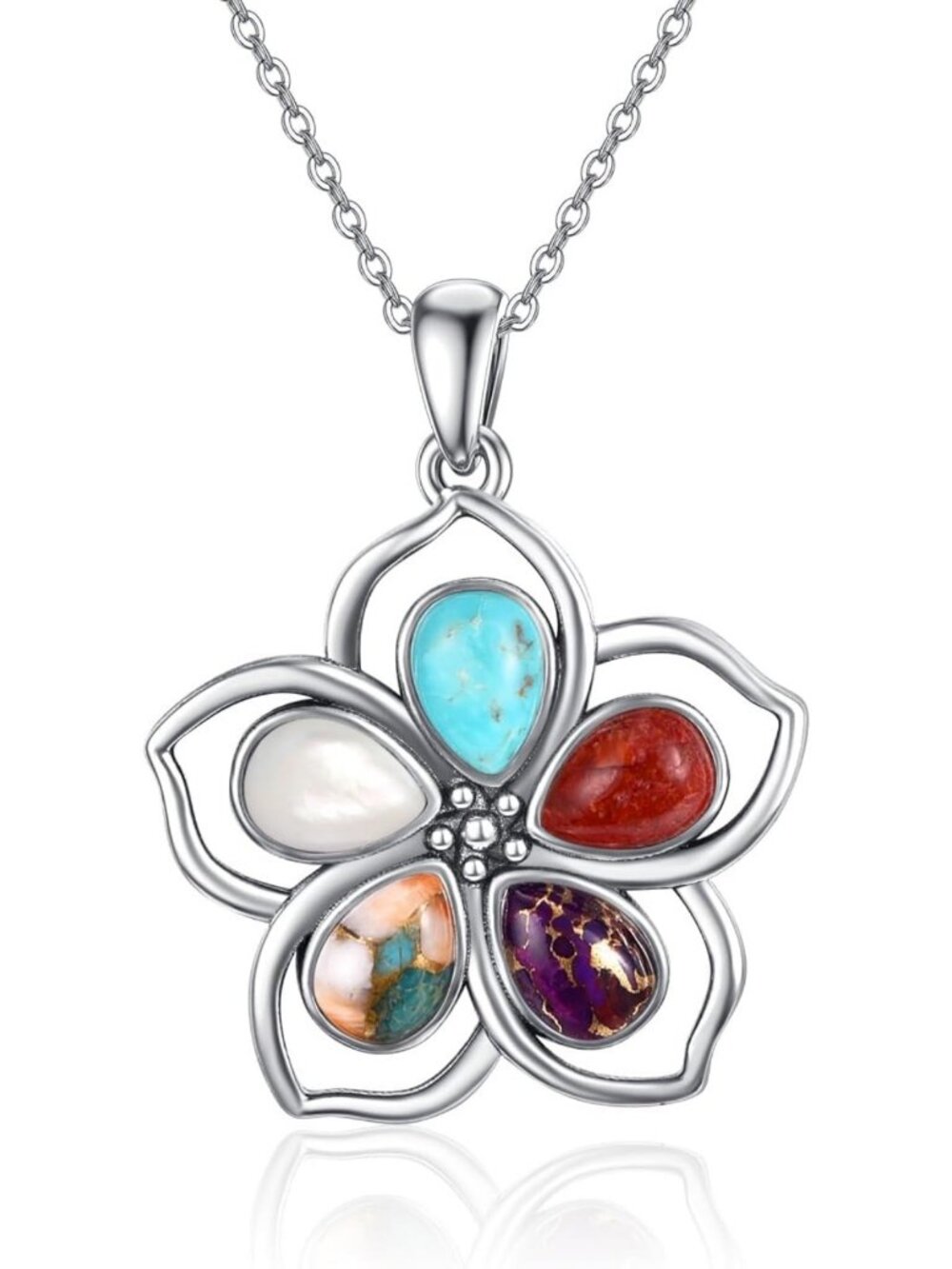 Flower Pendant Necklace for Women - Silver Plated Turquoise & Coral Jewelry Gift